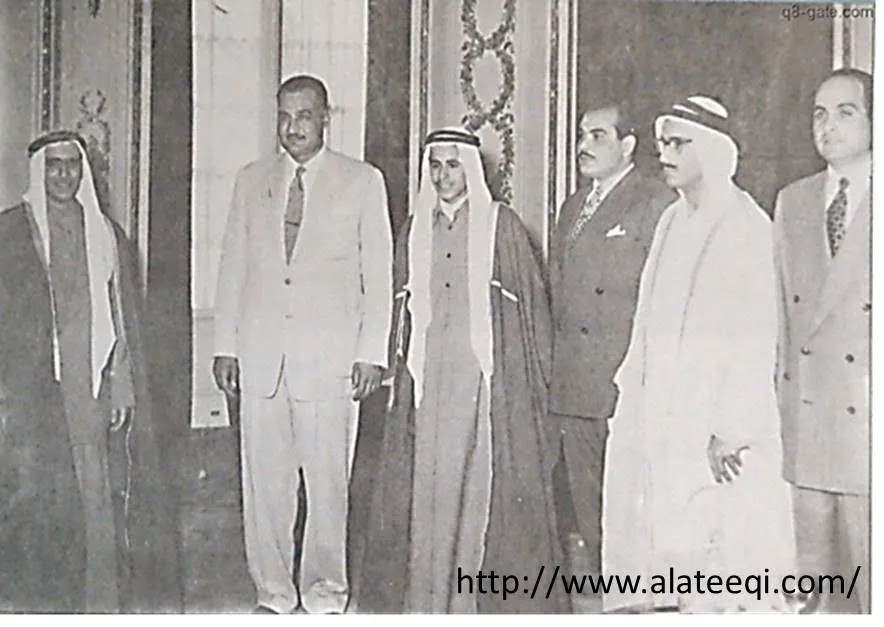 الشيخ صباح السالم مع جمال عبدالناصر والشيخ سالم والجراح والعتيقي ومتولي ابراهيم‎‎